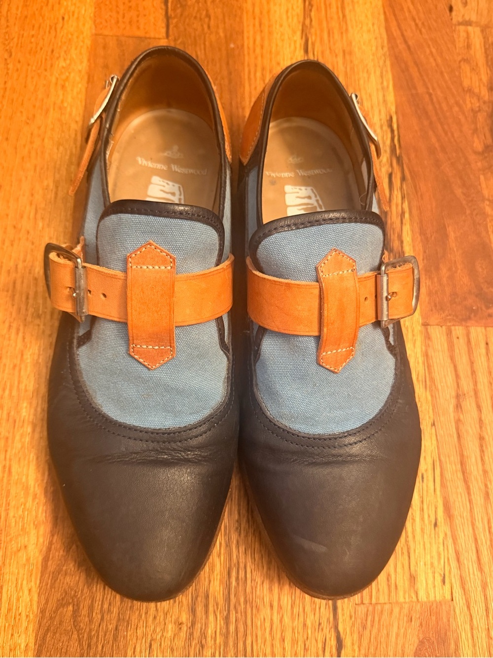 Vivienne Westwood Navy Blue and Tan Leather Buckle Loafers